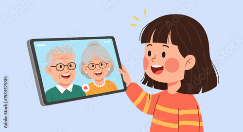 Happy Child Video Calling Grandparents on Tablet