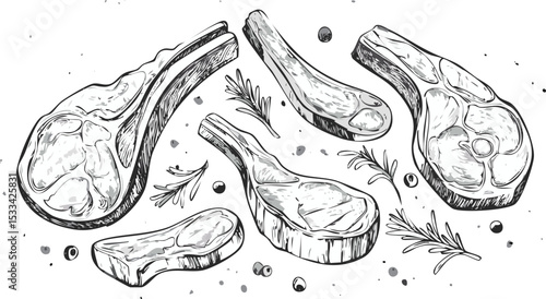 Hand-Drawn Lamb Steak Sketch Collection – Vintage Meat Cuts Illustration for Butchery and Culinary Design