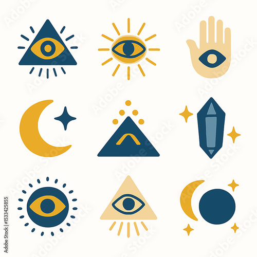 Mystical vector icons featuring celestial bodies, all-seeing eye, crystal and hand symbols