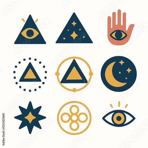 Assorted mystical symbols and occult illustrations in navy and gold creating an esoteric design