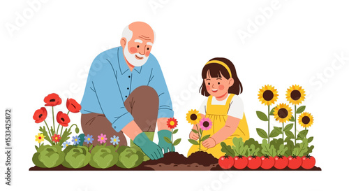 Grandfather and Granddaughter Planting Flowers in Garden