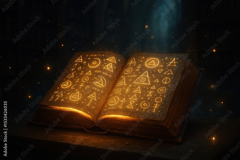 Fototapeta premium Mystical Ancient Tome with Glowing Pages and Magical Runes in Atmospheric Library Setting