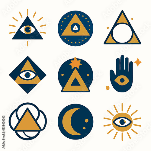 Mystical esoteric symbols illustration collection with eye of providence and celestial elements