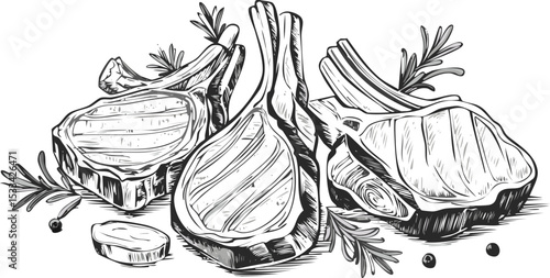 Hand-Drawn Lamb Steak Sketch Collection – Vintage Meat Cuts Illustration for Butchery and Culinary Design