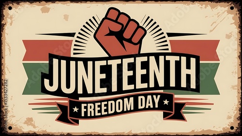 Celebrate Juneteenth Freedom Day with this vintage-style design featuring a raised fist and patriotic colors perfect for posters and social media.