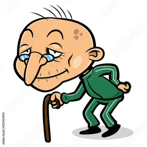 Old Man cartoon characters wearing tracksuits and training with wooden stick walking aid. Best for sticker, logo, and mascot with aging themes 