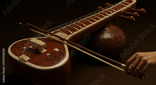 Close up of a veena with a bow and a hand playing the instrument on a dark brown background