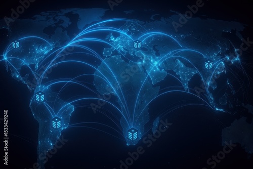 Distributed cloud infrastructure with interconnected data centers and fiber optic networks spanning continents