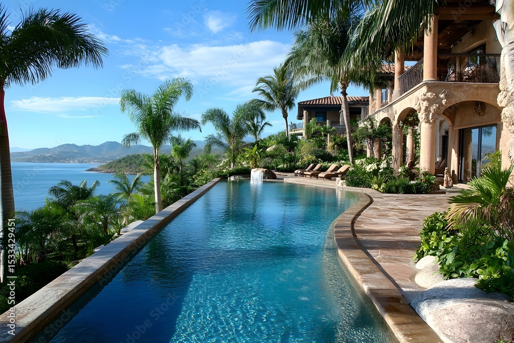 Fototapeta premium Luxurious oceanfront villa featuring a stunning infinity pool surrounded by lush tropical palm trees and blue skies