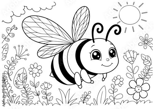 ute bee and flower cartoon outline line art vector illustration for coloring page for chidren's kids, transparent background