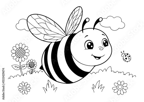 ute bee and flower cartoon outline line art vector illustration for coloring page for chidren's kids, transparent background