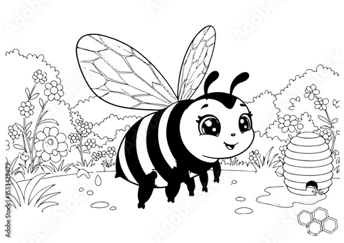 ute bee and flower cartoon outline line art vector illustration for coloring page for chidren's kids, transparent background