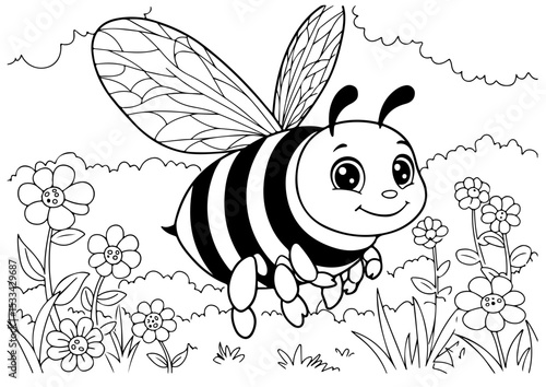 ute bee and flower cartoon outline line art vector illustration for coloring page for chidren's kids, transparent background