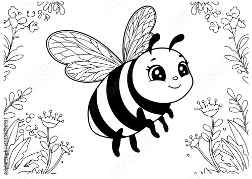 ute bee and flower cartoon outline line art vector illustration for coloring page for chidren's kids, transparent background