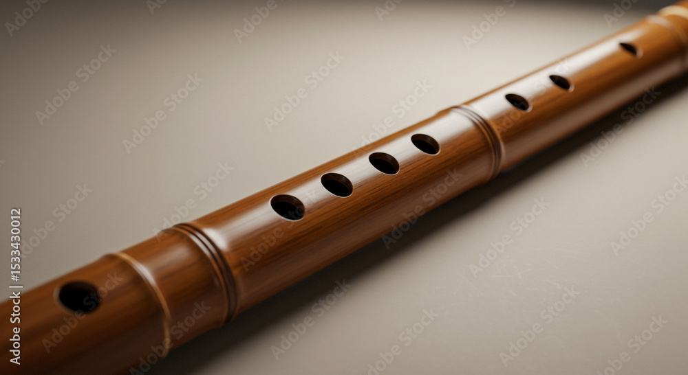 Fototapeta premium Close up shot of a brown wooden flute with finger holes resting on a neutral colored surface