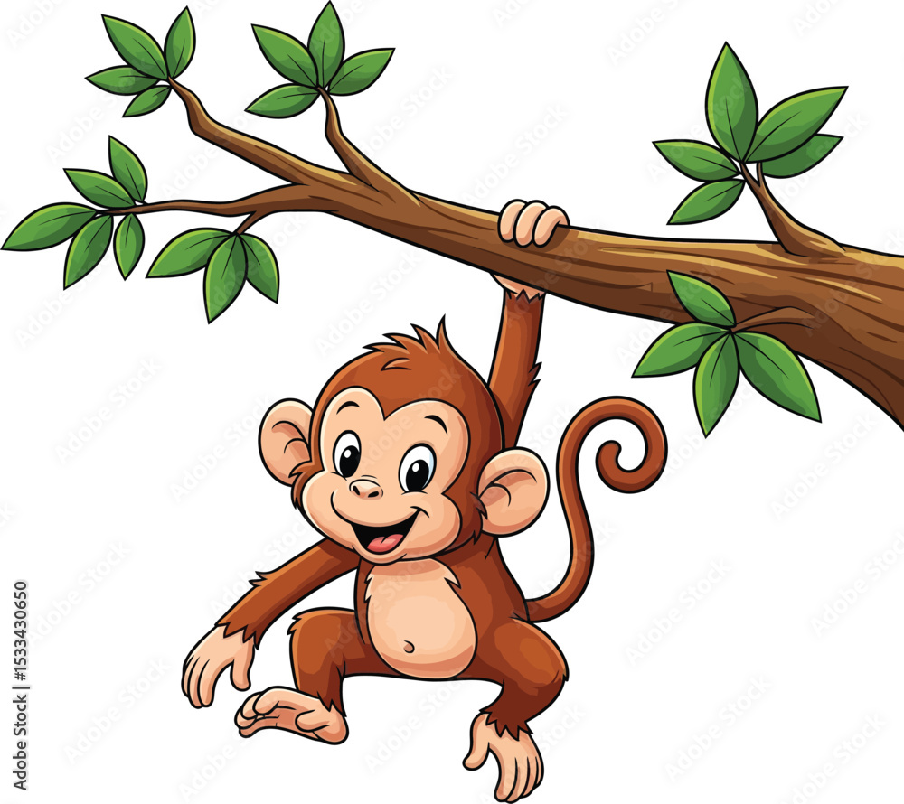 Naklejka premium Happy Cartoon Monkey Hanging on a Tree Branch