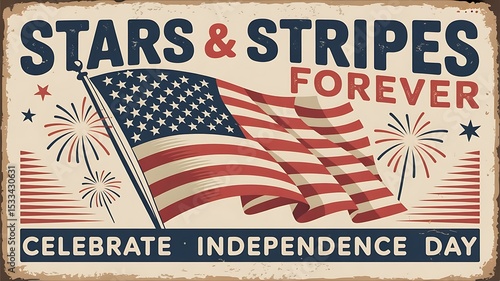 Celebrate Independence Day with this patriotic Stars Stripes Forever design featuring a waving American flag and fireworks.