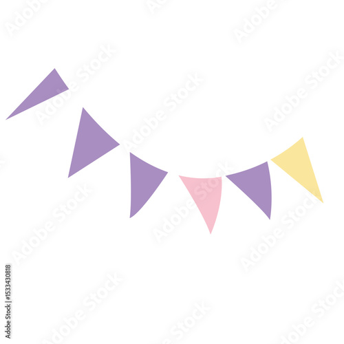 Hanging pastel bunting flags in purple, pink, and yellow. Great for party invitations, celebration themes, or festive decorative illustrations.

