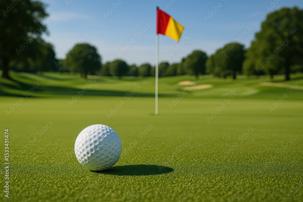 Obraz premium Professional golf ball positioned on pristine putting green with flag and manicured course in background