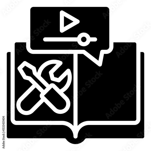Video Tutorial Glyph Black Fill Silhouette Icon - Open book with tools and video player, representing multimedia tutorials or interactive training for trainees