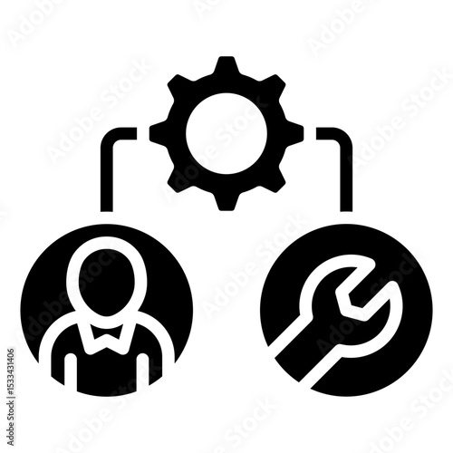 Training Roles Glyph Black Fill Silhouette Icon - Three circles representing a person, gear, and wrench to symbolize trainee roles, tools, and task assignments