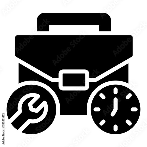 Work Assignment Glyph Black Fill Silhouette Icon - Briefcase with wrench and clock symbolizes assigned trainee tasks and time management