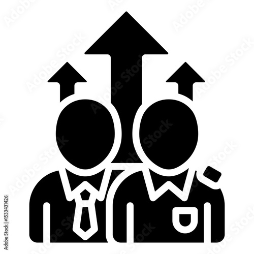 Career Growth Glyph Black Fill Silhouette Icon - Two professional trainees with upward arrows showing skill advancement and promotion opportunities