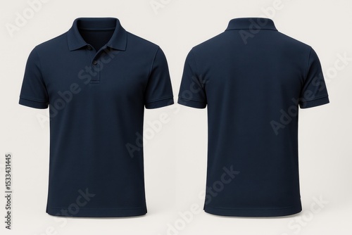 Premium navy blue polo shirt front and back design template for professional mockup presentation