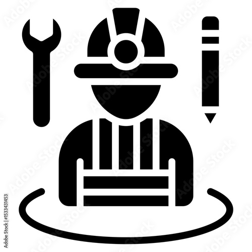 Field Training Glyph Black Fill Silhouette Icon - Trainee with helmet, wrench, and pencil symbolizes on-site or practical field training