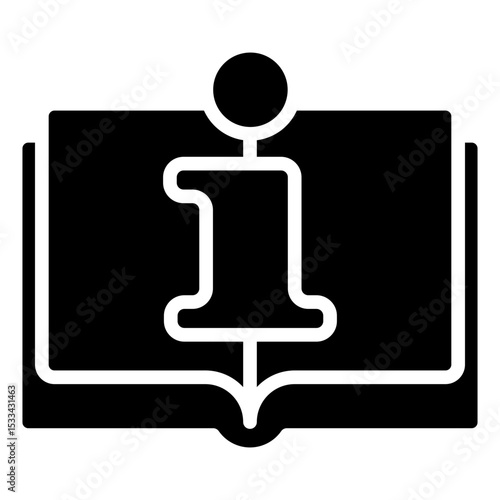 Info Guide Glyph Black Fill Silhouette Icon - Open book with info symbol represents guidance and structured training information for trainees