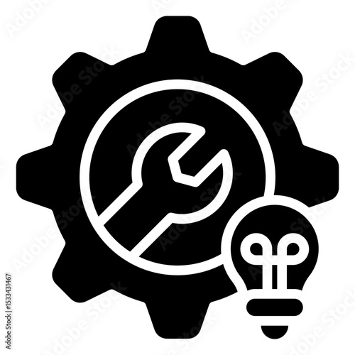 Innovation Training Glyph Black Fill Silhouette Icon - Gear with wrench and bulb illustrates trainee innovation through technical learning