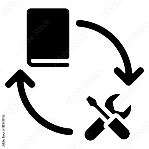 Learning Cycle Glyph Black Fill Silhouette Icon - Book and wrench in a circular loop show continuous learning and skill development for trainees