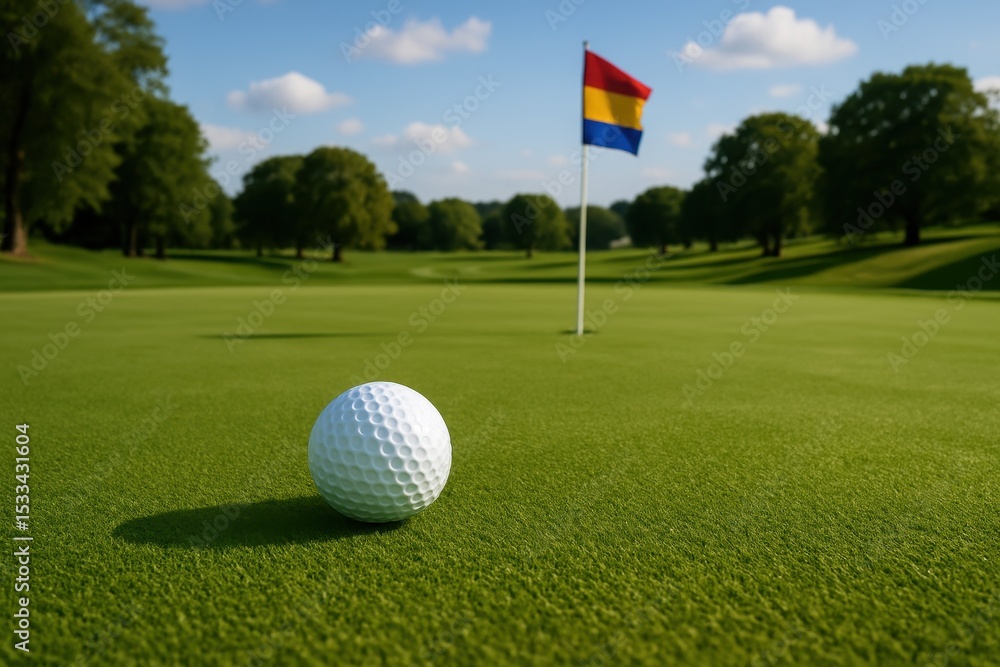 Obraz premium Professional golf ball positioned on pristine putting green with flag and manicured course in background
