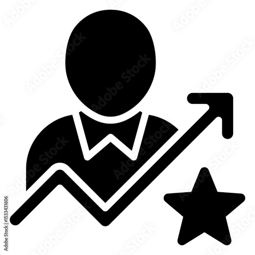 Trainee Growth Glyph Black Fill Silhouette Icon - Person with arrow and star symbolizes progress and recognition in trainee development journey