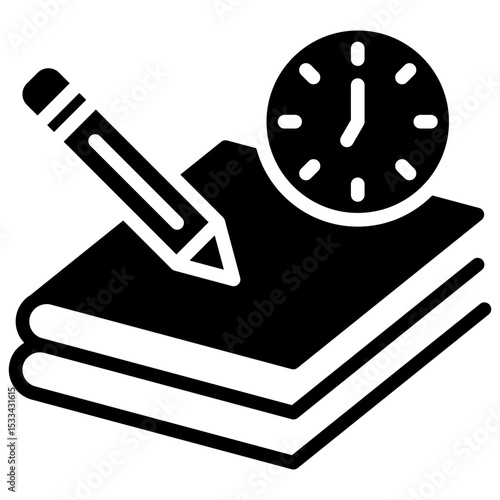 Timed Task Glyph Black Fill Silhouette Icon - Stack of papers with pencil and clock shows written trainee tasks with deadlines or submission schedules