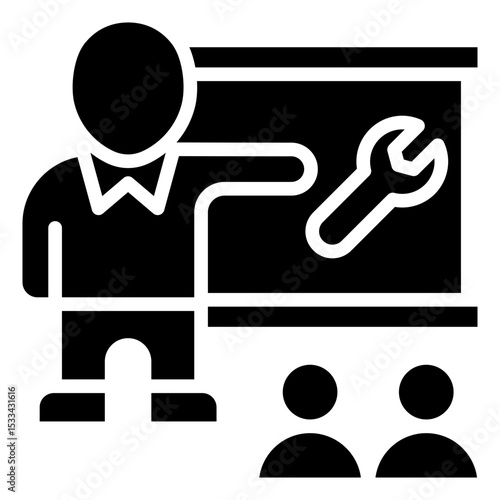 Technical Training Glyph Black Fill Silhouette Icon - Instructor pointing at wrench with trainees shows skill-based technical learning session