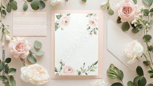 A greeting card surrounded by flowers
