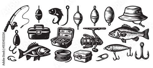 Fishing Equipment and Tackle Set Black and White Vector Illustration