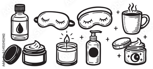 Self-Care and Relaxation Items Relaxation and Skincare Elements Set Black and White Vector Illustration