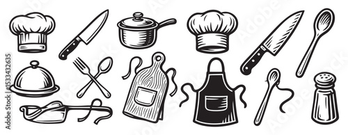 Cooking and Kitchen Utensils Set Black and White Vector Illustration
