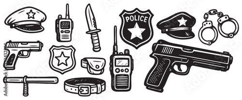 Police Equipment and Law Enforcement Tools Set Black and White Vector Illustration