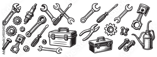 Mechanical Tools and Repair Equipment Set Black and White Vector Illustration