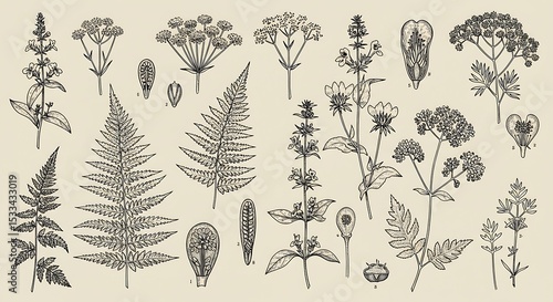 Vintage-style botanical illustration featuring finely detailed black ink drawings of wildflowers and ferns on a beige background, perfect for antique or nature-themed designs.