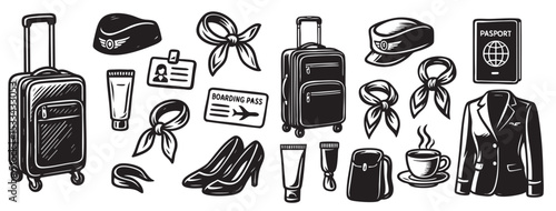 Flight Attendant Essentials Flight Attendant Uniform and Travel Essentials Set Silhouette Vector Illustration