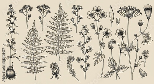 Vintage-style botanical illustration featuring finely detailed black ink drawings of wildflowers and ferns on a beige background, perfect for antique or nature-themed designs.