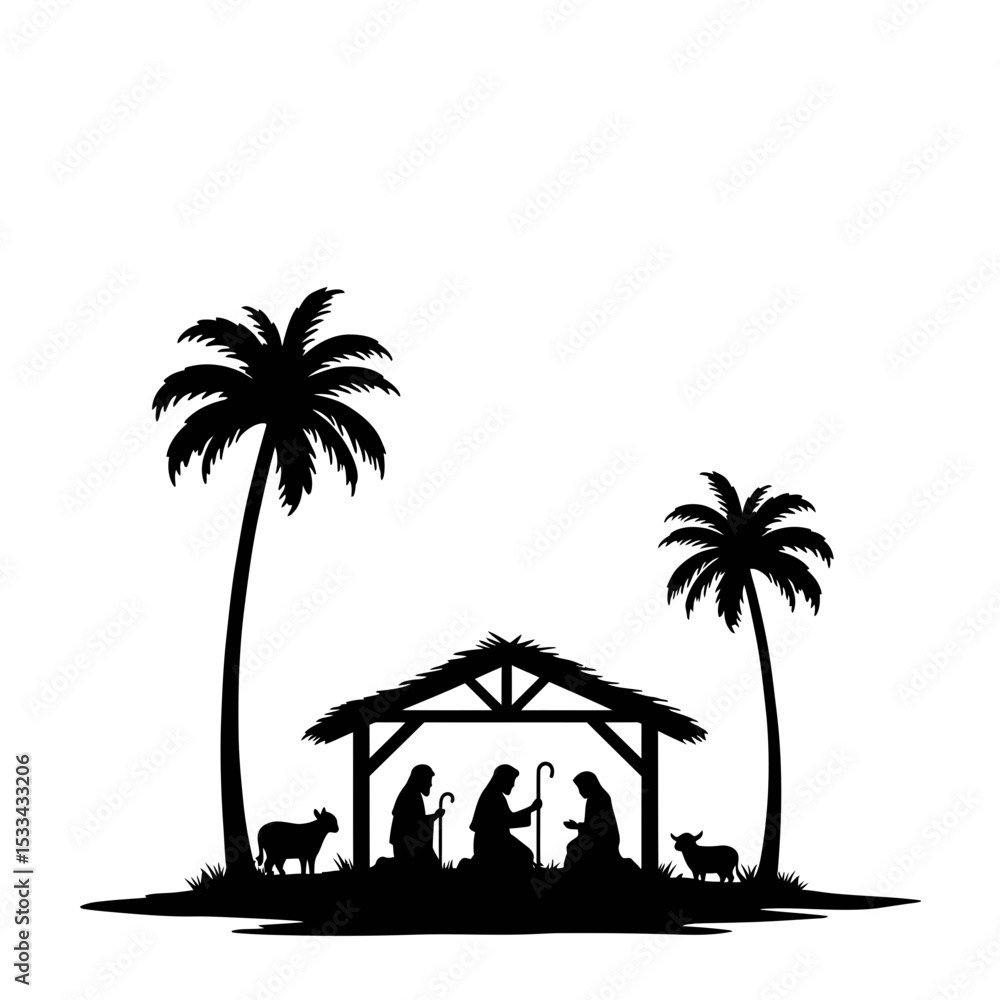 Obraz premium Nativity scene silhouette with palm trees and animals