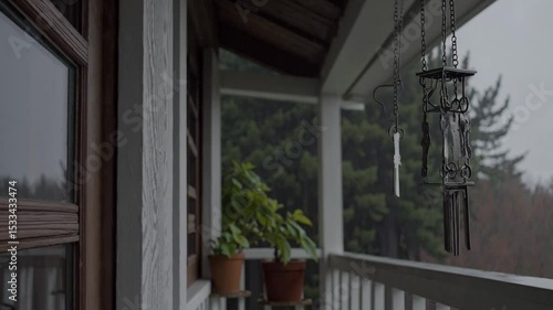 Wallpaper Mural Wind Chime Swaying on Porch in Rainfall.
 Torontodigital.ca