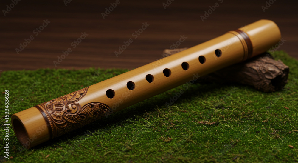 Fototapeta premium A light brown flute with decorative carvings resting on a bed of green moss and a small piece of wood