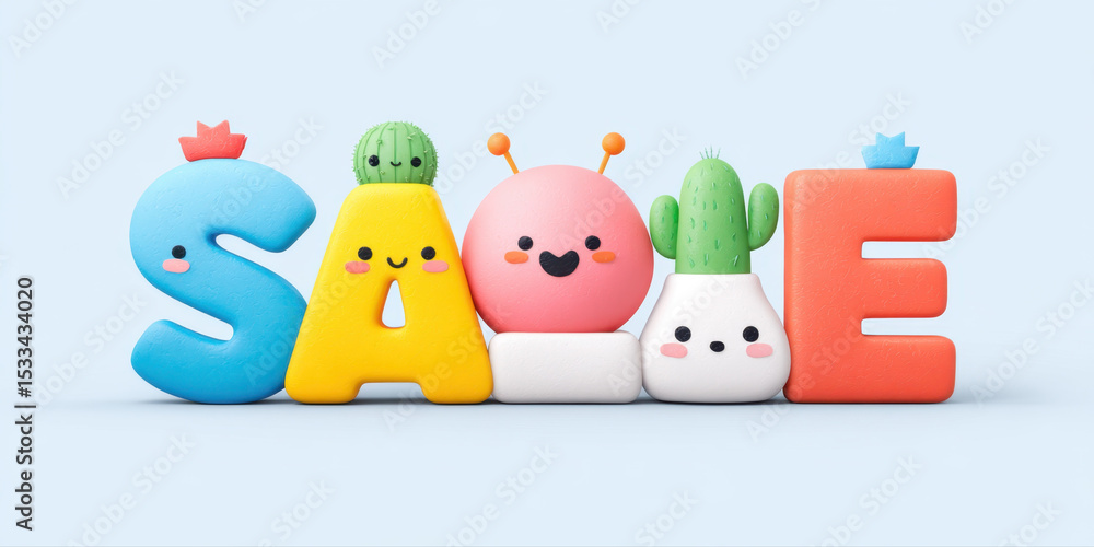 Playful cartoon sale banner with whimsical characters in bright colors and happy expressions on light background Playful cartoon sale banner with whimsical characters in bright colors and happy expressions on light background