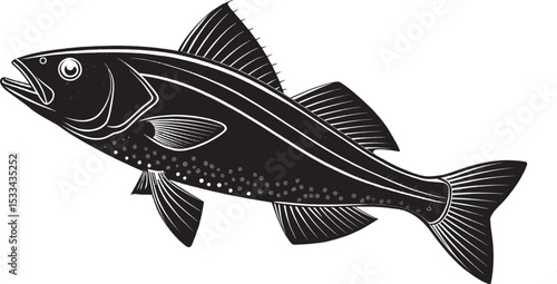 Underwater black aquatic animal fish with fin on white background